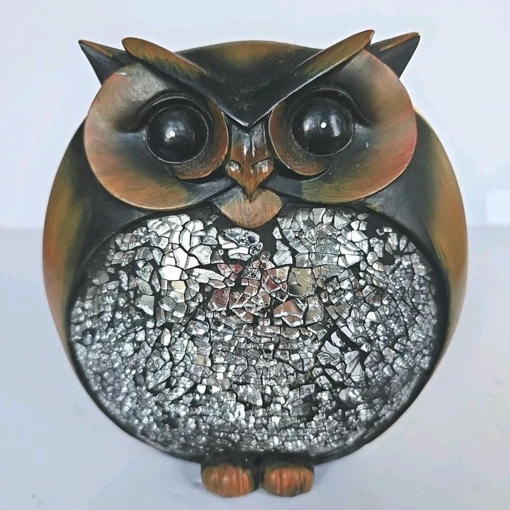 Vintage Mosaic Mirror Owl Wood‎ Figurine Decor Home Shiny Outdoor Woodsy  1692